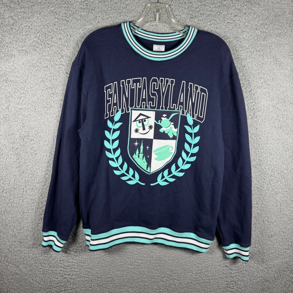 Disney Parks Fantasyland Crest Sweatshirt Mens Small Navy Blue Teal Striped Trim
